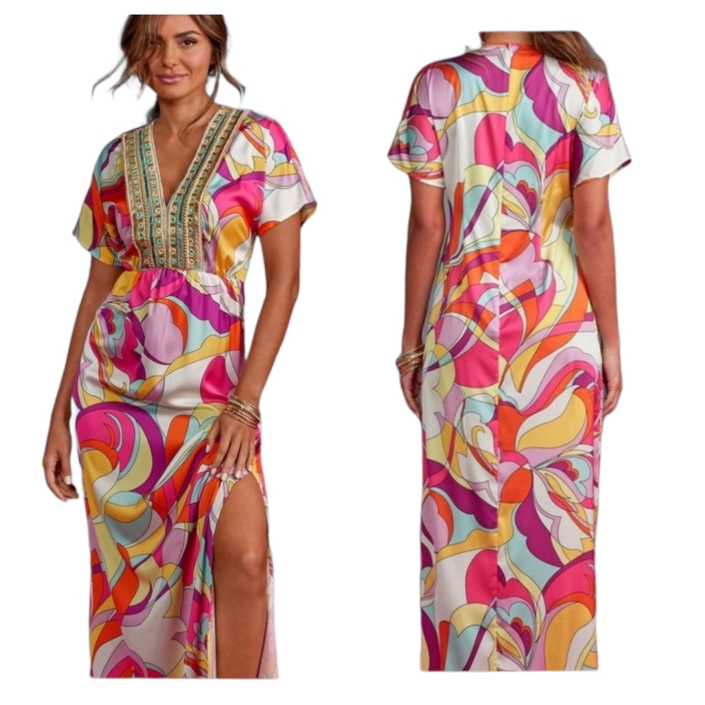 Boston Proper Abstract Multicolor Embellished Beaded Maxi Dress Small